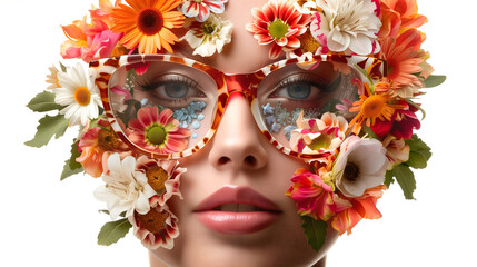 The concept of spring, beauty, blossoming, positive changes. Beautiful girl with glasses, colorful flowers cover her face. Her eyes are open and she is enjoying the arrival of spring.