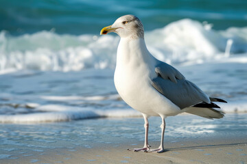 A seagull standing gracefully on the sandy beach, with the ocean waves crashing in the background