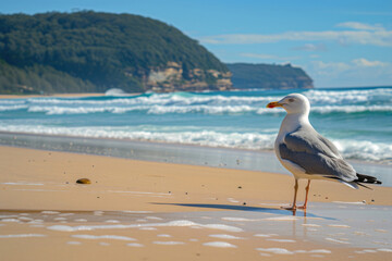 Fototapeta na wymiar A seagull standing gracefully on the sandy beach, with the ocean waves crashing in the background