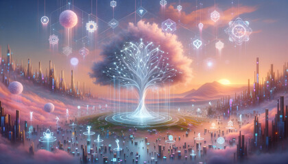 Surreal AI Policy: Glowing tree, floating cityscape, and harmonious figures in a dreamlike landscape.