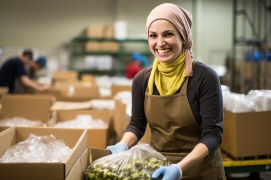 Portrait of smiling female staff holding box with fresh vegetables in warehouse