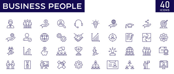 Fototapeta na wymiar Business people icons set with fully editable stroke thin line vector illustration with success, resume, work group, meeting, partnership, human resource, teamwork, office management, support, target