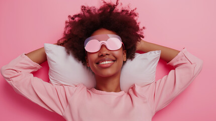 Retrato de uma linda mulher afro-americana com penteado afro, usando mascara para dormir cor de rosa e dormindo no travesseiro isolado sobre fundo rosa - obrazy, fototapety, plakaty