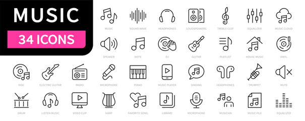 Fototapeta na wymiar Music line icons. Music symbols set. Playlist, piano, guitar, sound icon. Vector