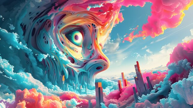 Colorful Psychedelic Digital Art with Eye and Monster