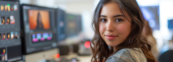 woman editor video at the computer in studio copyspace