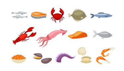 Different food icons set. Seafood products. Crab, octopus and fish, tuna. Healthy and fresh eating. Template and layout. Cartoon flat vector collection isolated on white background