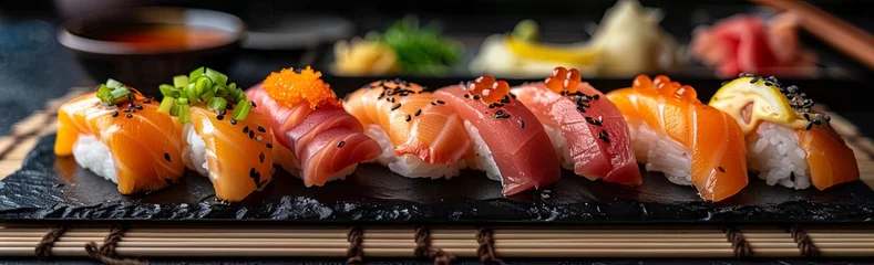 Foto auf Acrylglas A vibrant display of assorted sushi with salmon, roe, and lemon on a black slate board. © soysuwan123