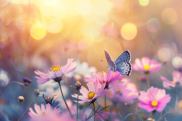 artistic flower fields in spring with nice colorful bokeh with macro butterfly
