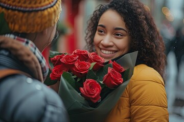 A loving couple exchanges a tender gaze, the man holding a bouquet of red roses, symbolizing romance and affection in a lush garden setting.