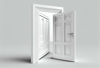 White decorated open door isolated on white background. 3d illustration. Generative AI