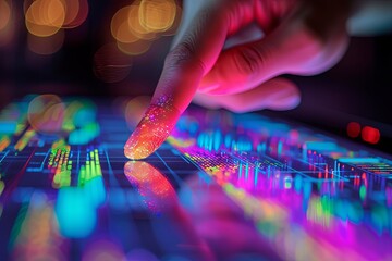 Close-up of a person's hand analyzing interactive financial charts and data on a digital tablet.