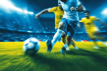 Intense soccer action shot, players in motion, vibrant blue and yellow colors, game momentum. Dynamic soccer play capture, swift movement, contrasting team colors, energetic match