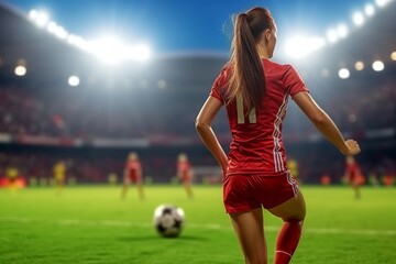 Female soccer player on field with stadium lights, poised for action during a game. Athletic woman in red soccer gear on the pitch, stadium ambiance, ready to play...