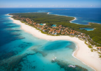 A bird's eye view of a large tropical island with expansive beaches, villas and forest. Emerald and blue colored ocean stretches to the horizon.