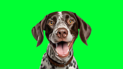 Portrait photo of smiling German Shorthaired Pointer on green background