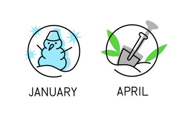 Seasons linear icons set. Rounds with snowman and shovel. January and April. Doodle sketch. Graphic element for website. Outline flat vector collection isolated on white background