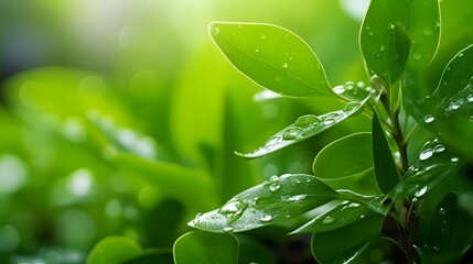 Fresh green leaves against blurred greenery natural background. Young plant with raindrops for ecology and nature concept.
