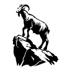 mountain goat on hills black silhouette logo svg vector, goat icon illustration.