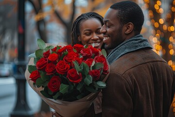 Couple Sharing Romantic Moment with Red Roses.