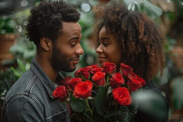 A loving couple exchanges a tender gaze, the man holding a bouquet of red roses, symbolizing romance and affection in a lush garden setting.