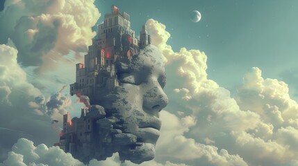 Surreal Sculpture of a Face in the Clouds - obrazy, fototapety, plakaty