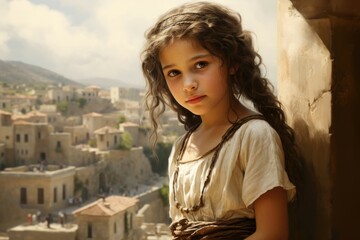 Fototapeta premium Child girl ancient greek city. Tourism history. Generate Ai