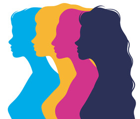 Happy International Women's Day vector illustration silhouettes of women of different colors standing side by side. Vector concept of movement for gender equality and women's empowerment