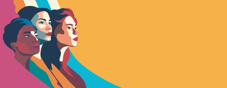 Horizontal vector banner for International Women's Day, women of different cultures and nationalities Vector concept of movement for gender equality and women's empowerment