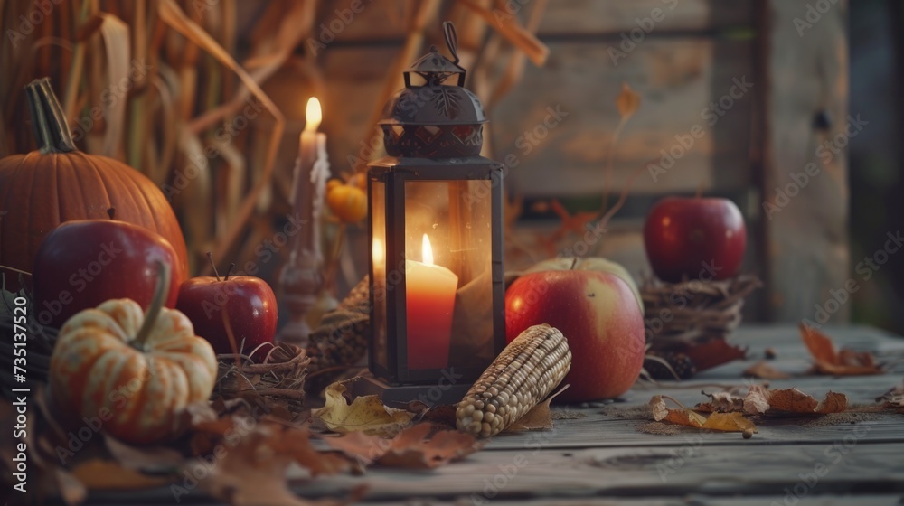 Poster a lantern sits on a table surrounded by fresh apples and corn. perfect for fall-themed decorations o