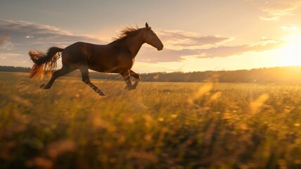 Sprinting Horse in a Sunlit Field - The dynamic beauty of a horse sprinting in a field under the evening sun