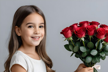 A girl smiling with a bouquet of roses. Generative AI