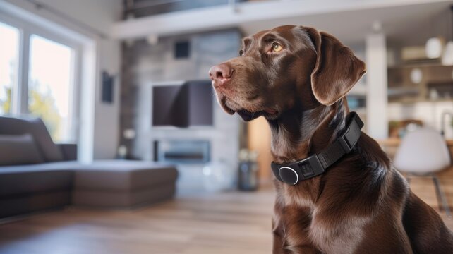 Innovative Pet Tech for Dogs - A chocolate Labrador sports a modern pet gadget, showcasing advancements in pet technology.