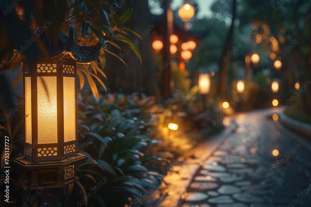 Poster A vibrant street illuminated with numerous lights, bordered by beautiful trees. Perfect for adding a festive touch to any project or creating a magical atmosphere
