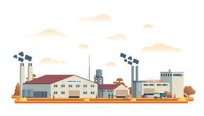 Obraz premium Factory or industrial site buildings vector illustration. Flat design illustration front view concept for city illustration