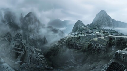 Enigmatic Machu Picchu in Morning Mist - The storied Inca ruins shrouded in mist, invoking the mystery of a bygone era.