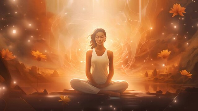 yoga meditation in the lotus pose with mystical animated background with energy flows