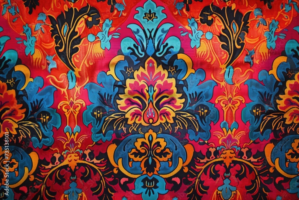 Poster A vibrant floral pattern featuring red, blue, and yellow flowers on a bold red background. Ideal for adding a pop of color to any design project