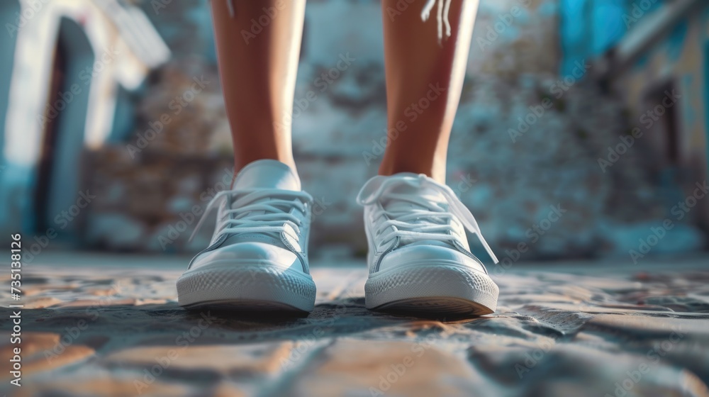 Poster close up shot of a person's shoes on a stone floor. can be used to depict various themes such as fas