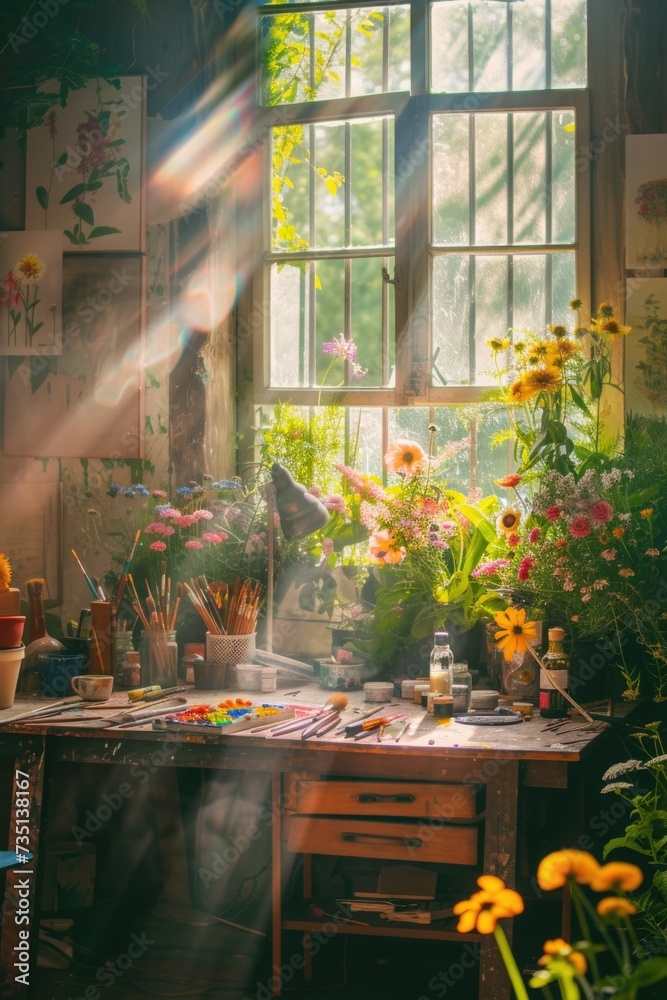 Aufkleber A desk adorned with a beautiful bouquet of flowers, positioned next to a window. Perfect for adding a touch of nature and elegance to any space