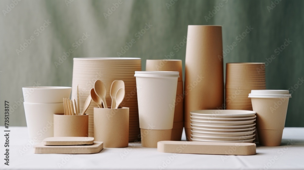 Poster a table filled with numerous paper cups and spoons. perfect for catering events or coffee breaks