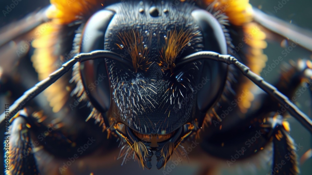 Poster A detailed close up view of a bee's face. Can be used to illustrate the intricate features of insects or to highlight the beauty of nature