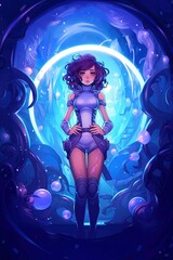 Obraz na płótnie Canvas Beautiful and cute adventure girl in enigmatic neon portal in leather bodysuit, fantasy world