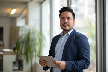 Young male latin businessman executive, smiling looking at the camera while holding a digital tablet in a modern office background