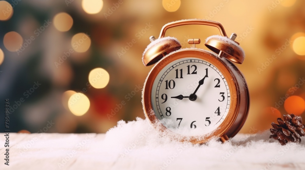 Poster an alarm clock sitting on top of snow covered ground. perfect for winter and time management concept