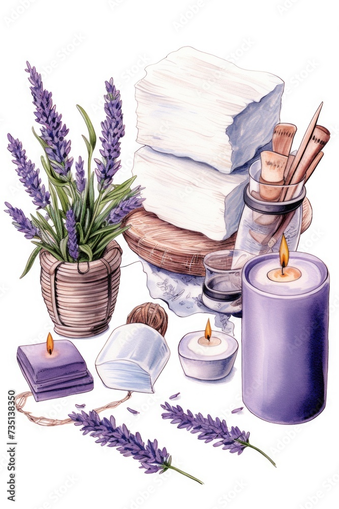 Fototapete A painting depicting a collection of towels and candles. This versatile image can be used to create a cozy atmosphere or for spa and relaxation-themed projects