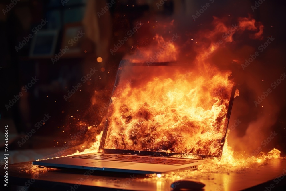 Aufkleber A laptop engulfed in flames sits on a table, creating a dangerous and intense scene. Perfect for illustrating technology malfunctions or cybersecurity issues