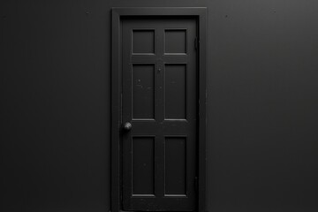 A black door with a metal handle in a dark room. Suitable for mystery, horror, or suspense themes