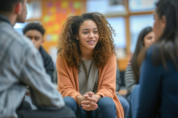 Young black curly haired american female high school counselor is talking to students, blurred background - obrazy, fototapety, plakaty