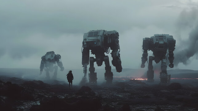 giant robot mechas running into a vulcanic landscape  